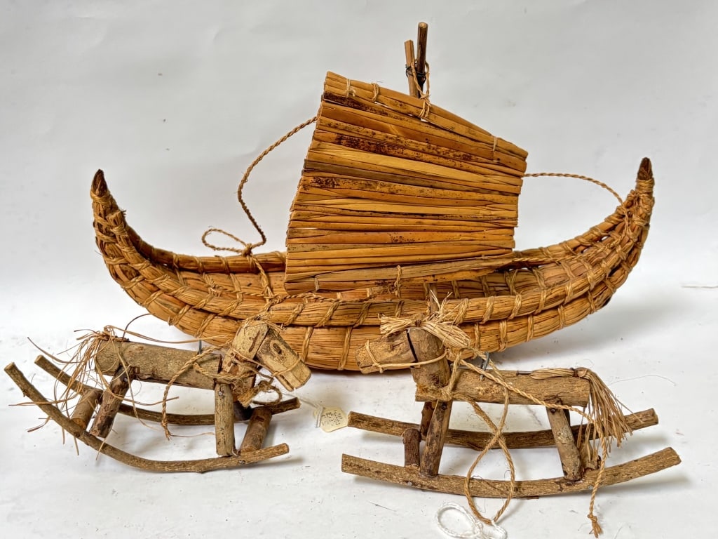 (3) Vintage Wood and Totora Made Toys: (3) Vintage Wood and Totora Made Toys, 14in by 9in