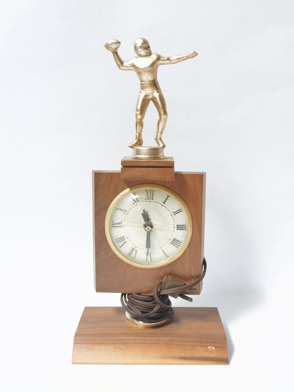 Vintage Football Player Figurine Table Clock: Vintage Football Player Figurine Table Clock, 12in