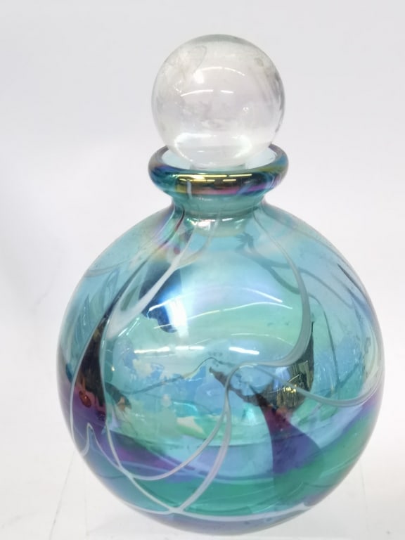 Vintage Iridescent Blue Art Glass Perfume Bottle (1 of 3)