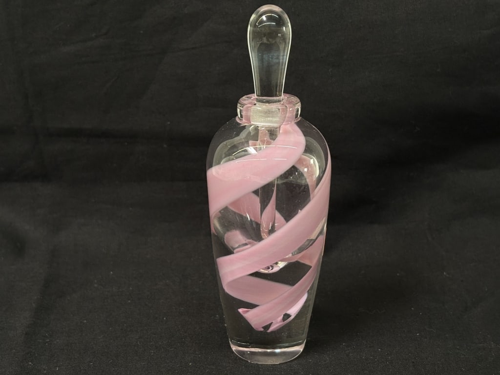 1991 Signed Pink Lace Swirl Glass Perfume Bottle: 1991 Signed Pink Lace Swirl Glass Perfume Bottle, 5.75in