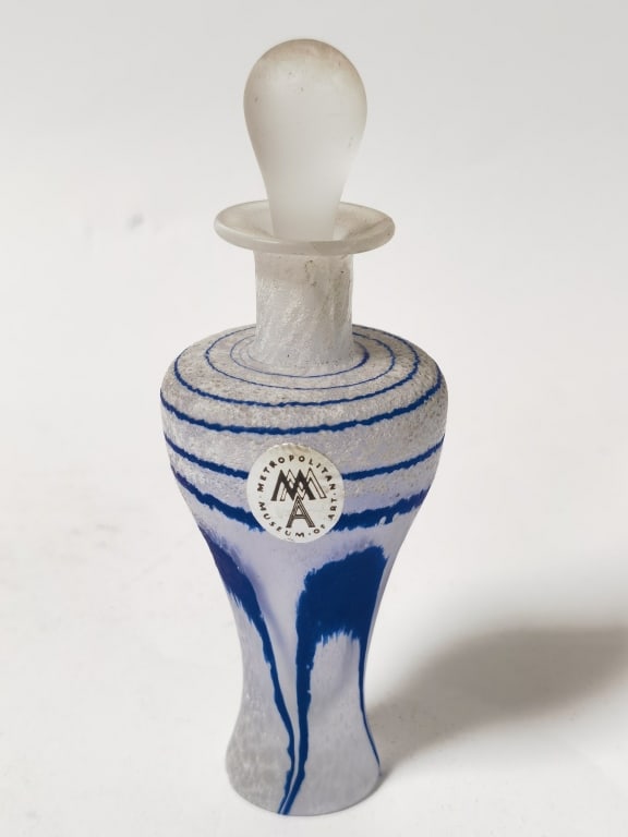 Vintage MET Museum Blue Swirl Frosted Glass Perfum: Vintage MET Museum Blue Swirl Frosted Glass Perfume Bottle, 5.5in