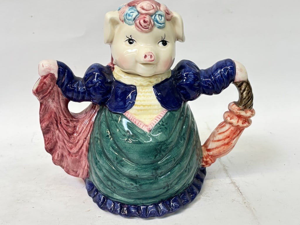 Vintage Porcelain Pig Lady Teapot: Vintage Porcelain Pig Lady Teapot, 7.75in by 8.5in