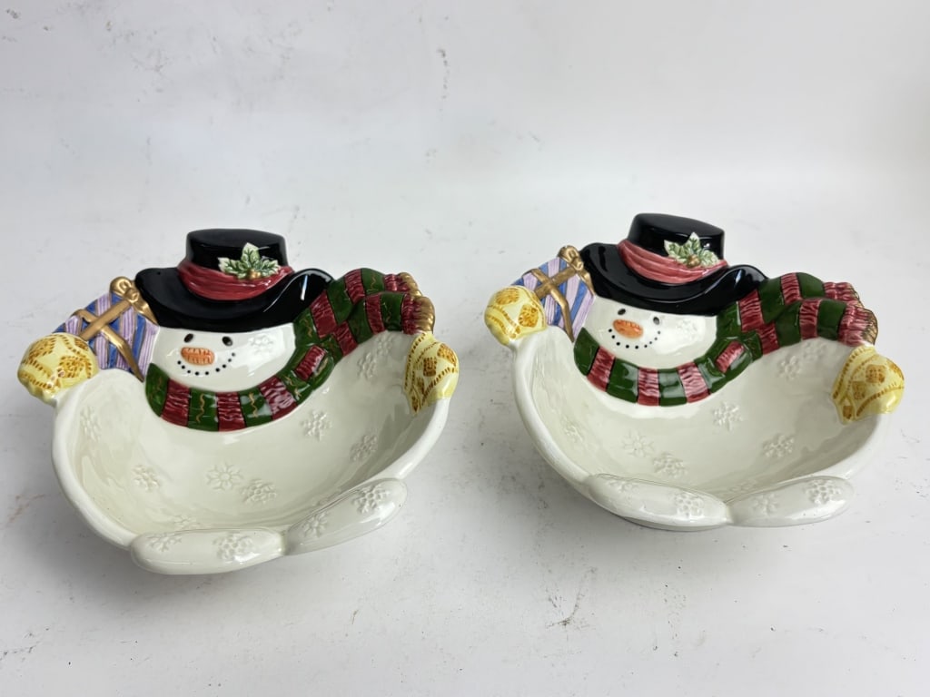Pr. of Vintage Fitz & Floyd Porcelain Snowman Dish: Pr. of Vintage Fitz & Floyd Porcelain Snowman Dishes, 6.5in by 2.75in