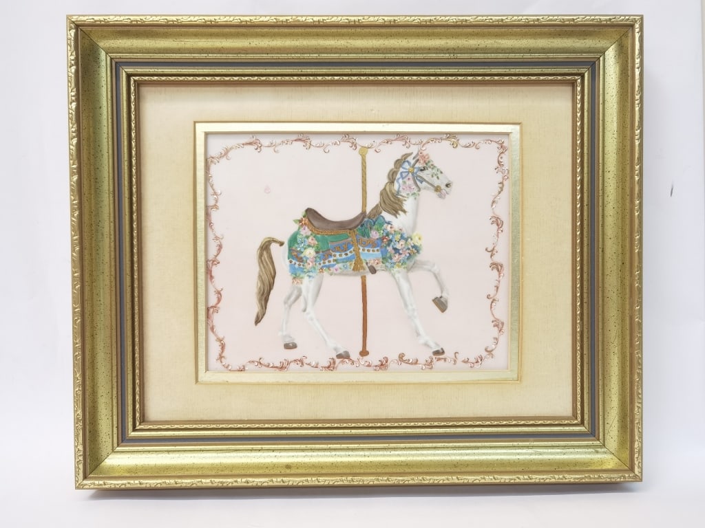 Vintage Porcelain Hand Painted Carousel Horse Plaq: Vintage Porcelain Hand Painted Carousel Horse Plaque, 17.5in by 14.5in
