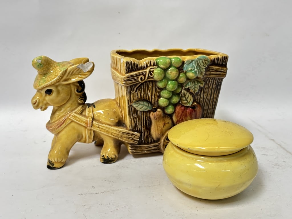(2) Vintage Porcelain Donkey Planter and Box: (2) Vintage Porcelain Donkey Planter and Box, 9in by 5in