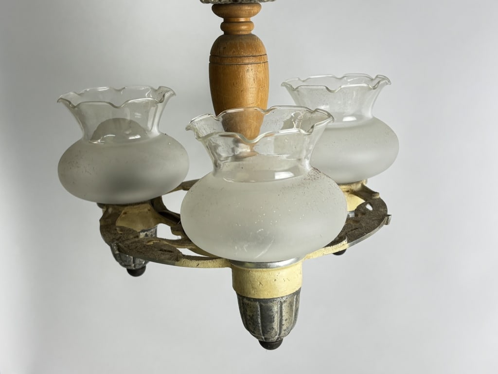 Vintage Three-Head Art Deco Chandelier: Vintage Three-Head Art Deco Chandelier, 20in by 13in