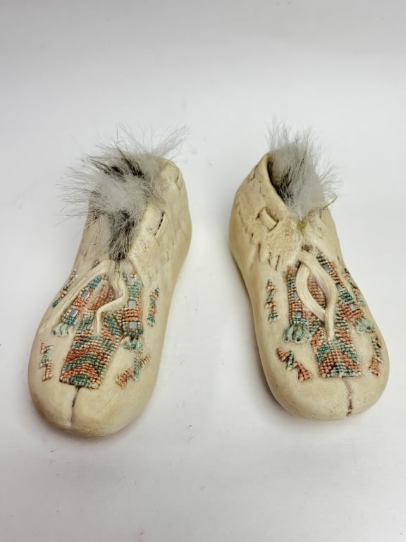 Pr. of Vintage Ceramic Beaded Mocasins: Pr. of Vintage Ceramic Beaded Mocasins, 6in by 3in
