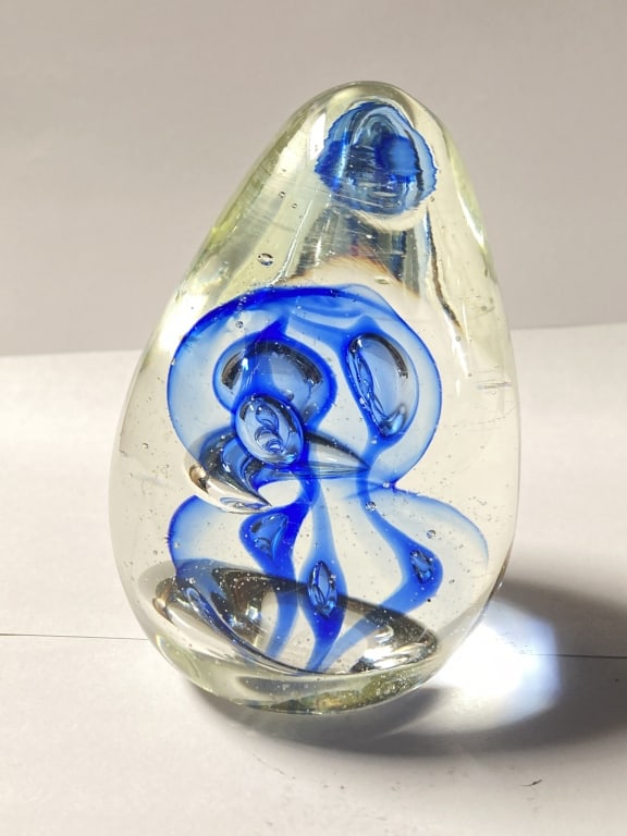 Unmarked Blue Bubble Egg Shape Glass Paperweight - 2