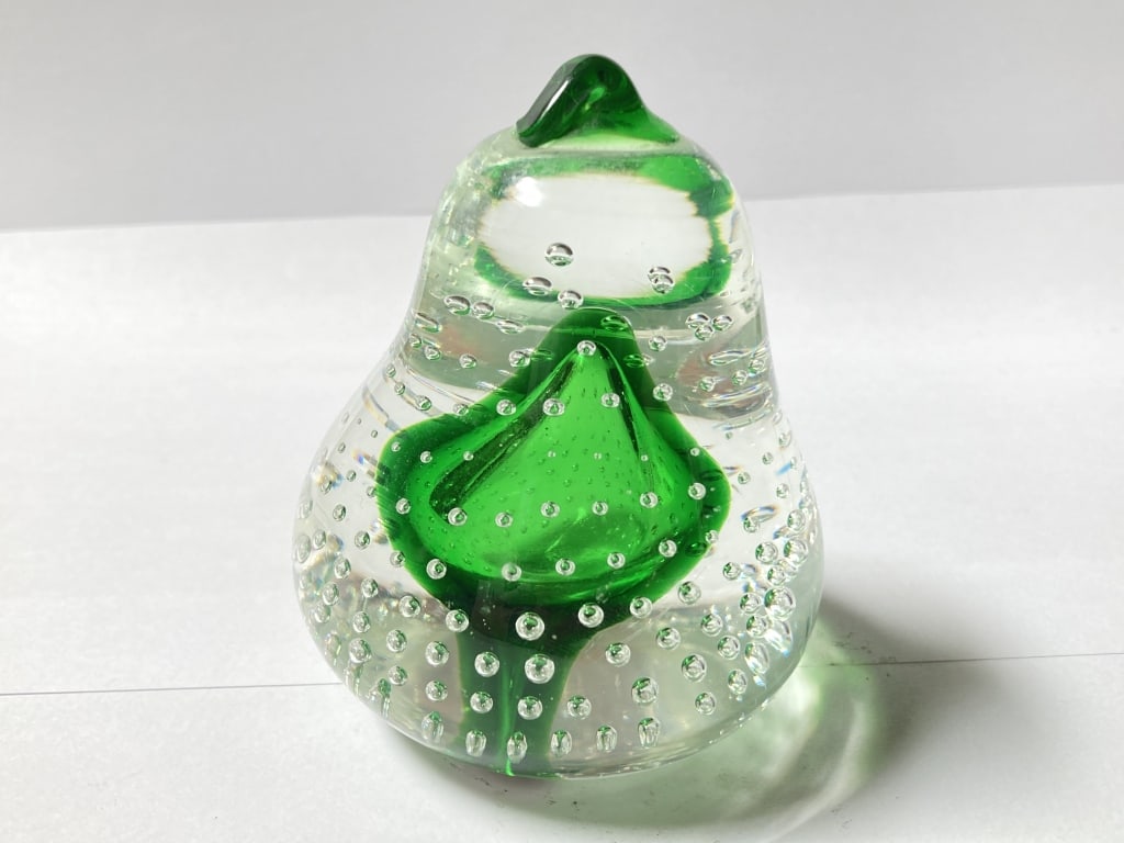 Unmarked Green Controlled Bubble Glass Pear Paperw: Unmarked Green Controlled Bubble Glass Pear Paperweight, 3 3/8in by 2.75in