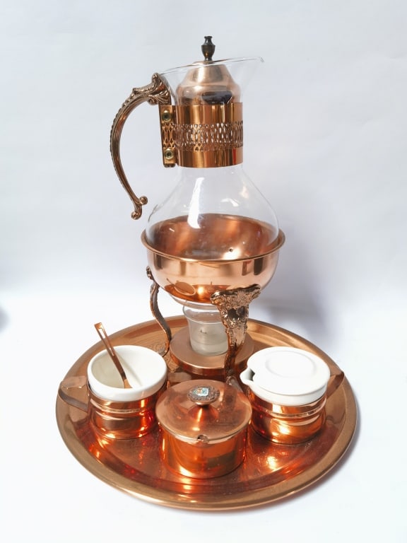 Vintage Princess House Copper/Glass Coffee Carafe: Vintage Princess House Copper/Glass Coffee Carafe Set, 14in by 12in