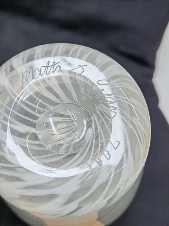 2001 Signed White Pulled Pattern Glass Vase - 5