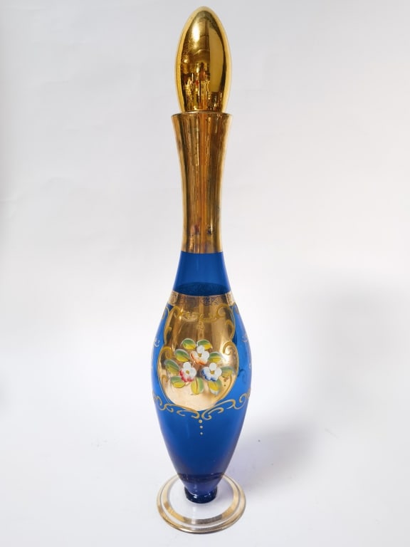 Vintage Bohemian Hand Painted Gilt Cobalt Blue Gla: Vintage Bohemian Hand Painted Gilt Cobalt Blue Glass Decanter, 15.5in