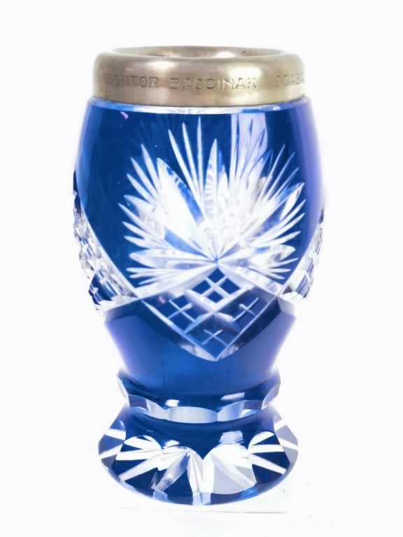 Vintage Bohemian Blue Cut-to-Clear Glass Vase: Vintage Bohemian Blue Cut-to-Clear Glass Vase with Sterling Silver Rim, 6.25in