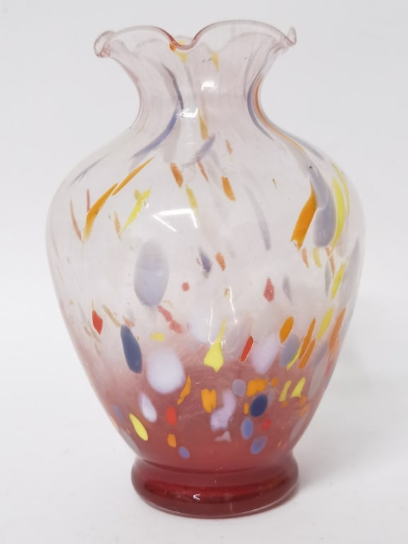 Splatter Ruby Clear Glass Ruffled Rim Vase - 2