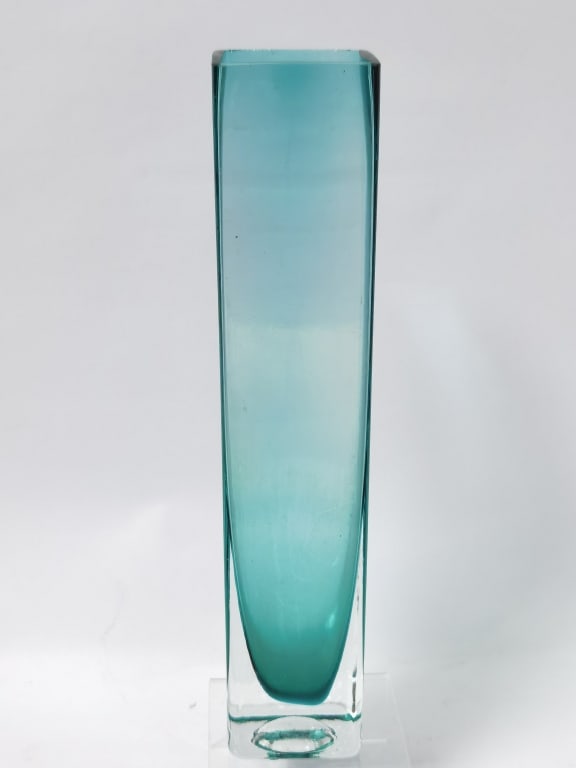 Vintage Murano Style Aqua Glass Square Vase: Vintage Murano Style Aqua Glass Square Vase, 10in