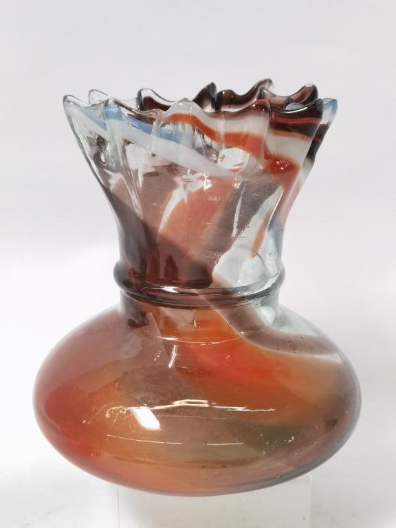 Vintage Orange/Amethyst Swirl Ruffled Glass Vase (1 of 4)