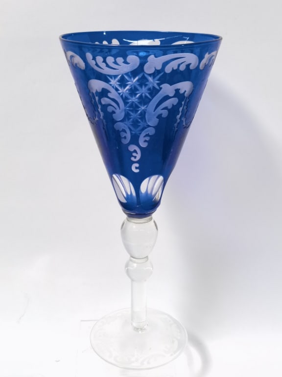 age Bohemian Cobalt Blue Cut-to-Clear Wine Glass (1 of 4)