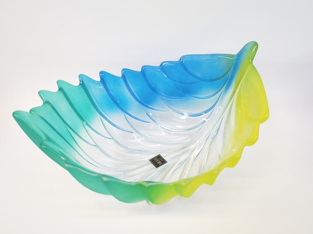 Vintage Mikasa Germany Colored Crystal Leaf Bowl: Vintage Mikasa Germany Colored Crystal Leaf Bowl, 11in by 6.25in