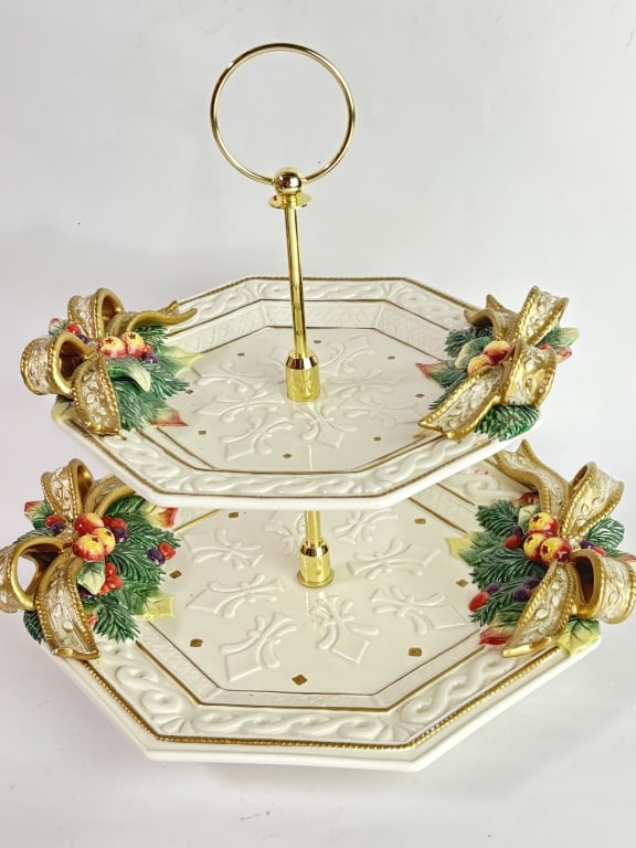 Vintage Fitz & Floyd Porcelain Christmas Two-Tier: Vintage Fitz & Floyd Porcelain Christmas Two-Tier Plate, 11.25in by 12.5in