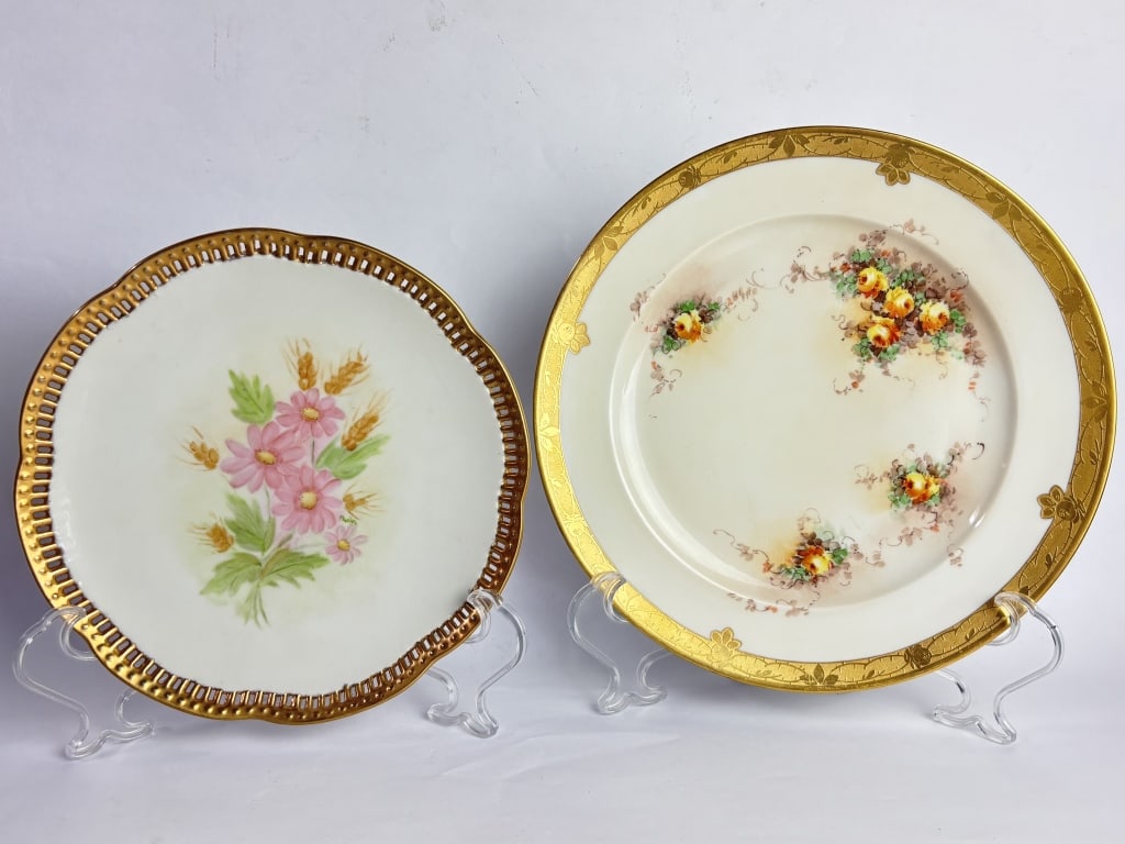 (2) Vintage Bavaria Porcelain Gilt Floral Plates: (2) Vintage Bavaria Porcelain Gilt Floral Plates, 9.75in