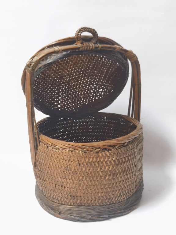 Vintage Hand Woven Bamboo Covered Basket (1 of 3)