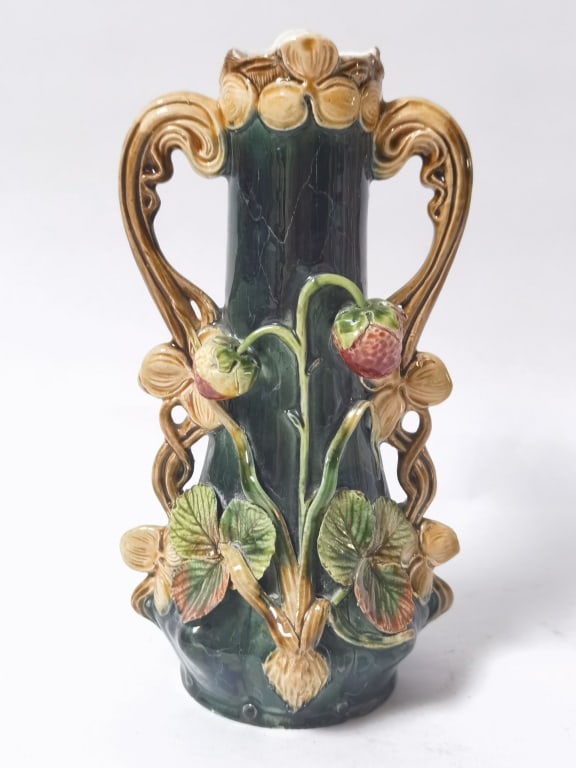 Antique Josef Strnact Majolica Strawberry Vase: Antique Josef Strnact Majolica Strawberry Vase, 8.25in