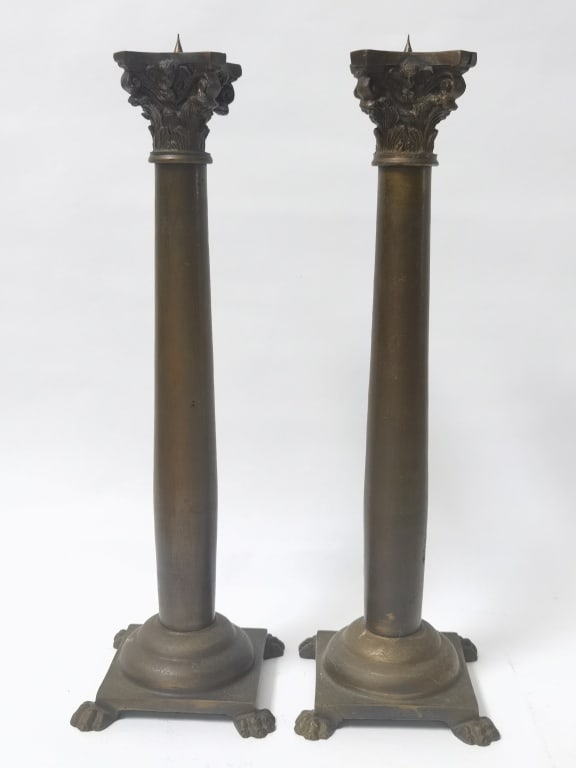 Pr. of Bronze Column Candlesticks: Pr. of Bronze Column Candlesticks, 16.5in