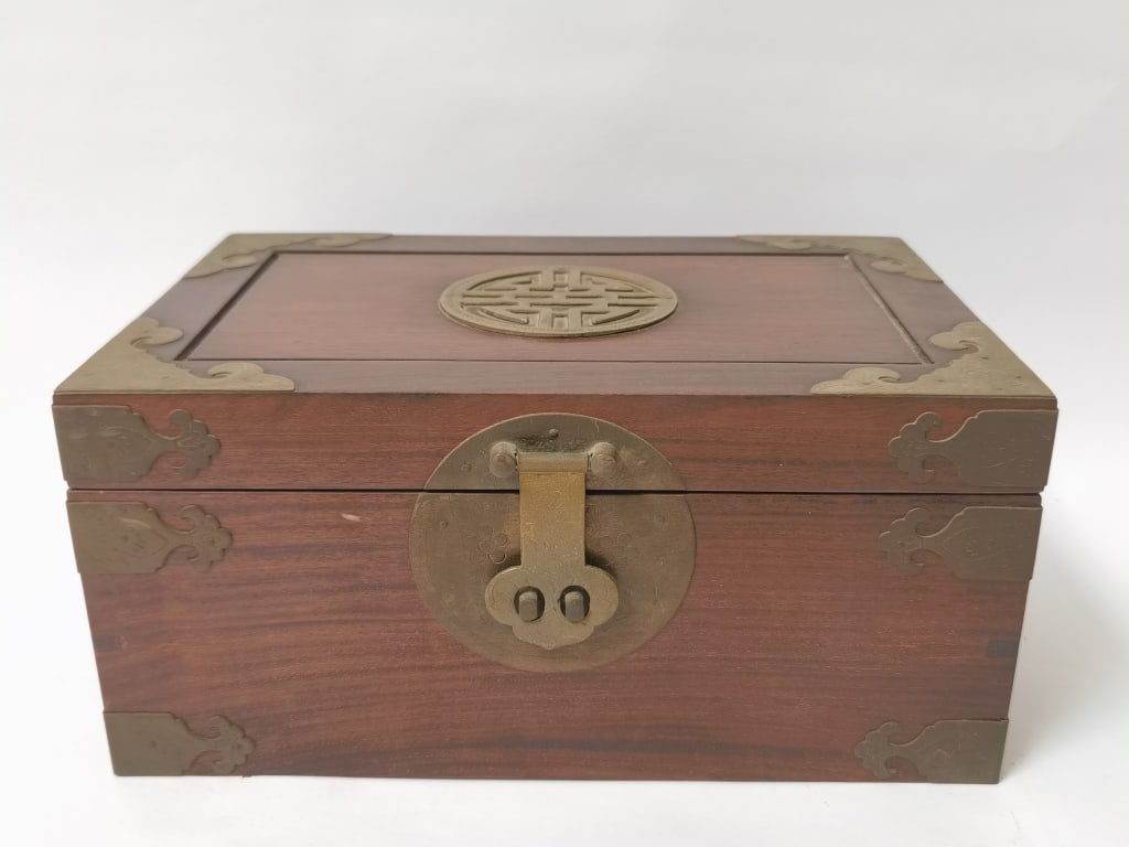 Chinese Wood Carved Jewelry Box with Brass Decor: Chinese Wood Carved Jewelry Box with Brass Decor, 12in by 8in by 5.5in