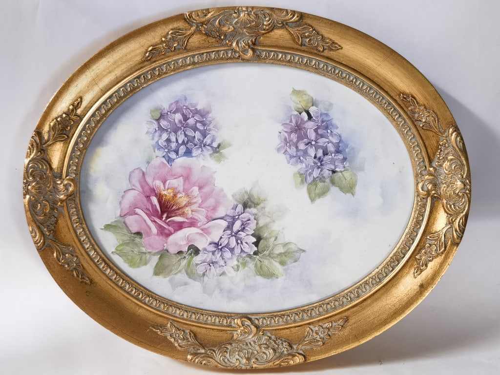 Gilt Frame Floral Porcelain Plaque: Gilt Frame Floral Porcelain Plaque, 15in by 12in
