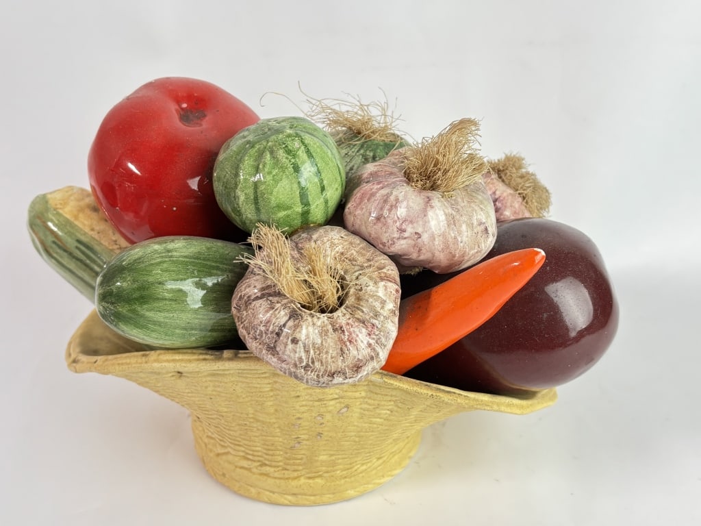 Vintage Italian Porcelain Vegetables Basket: Vintage Italian Porcelain Vegetables Basket, 7in by 11in by 7in