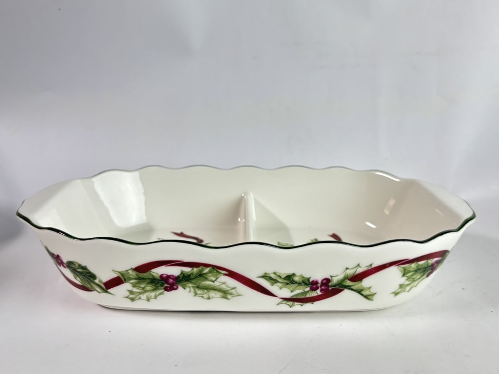 Charter Club Porcelain Winter Garland Sectioned Di: Charter Club Porcelain Winter Garland Sectioned Dish, 12in by 2in