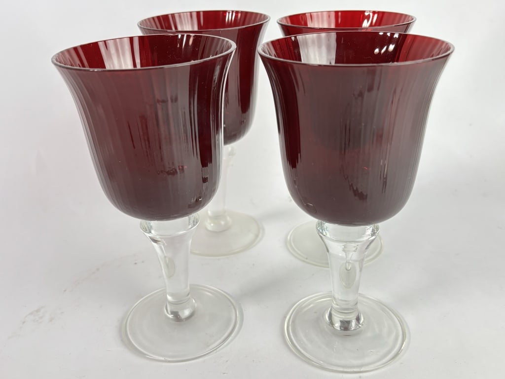 (4) Vintage Ruby Red Wine Glasses - 3