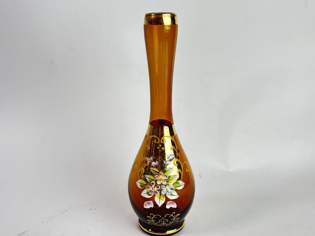 Vintage Bohemian Hand Painted Floral Amber Glass V: Vintage Bohemian Hand Painted Floral Amber Glass Vase, 9in