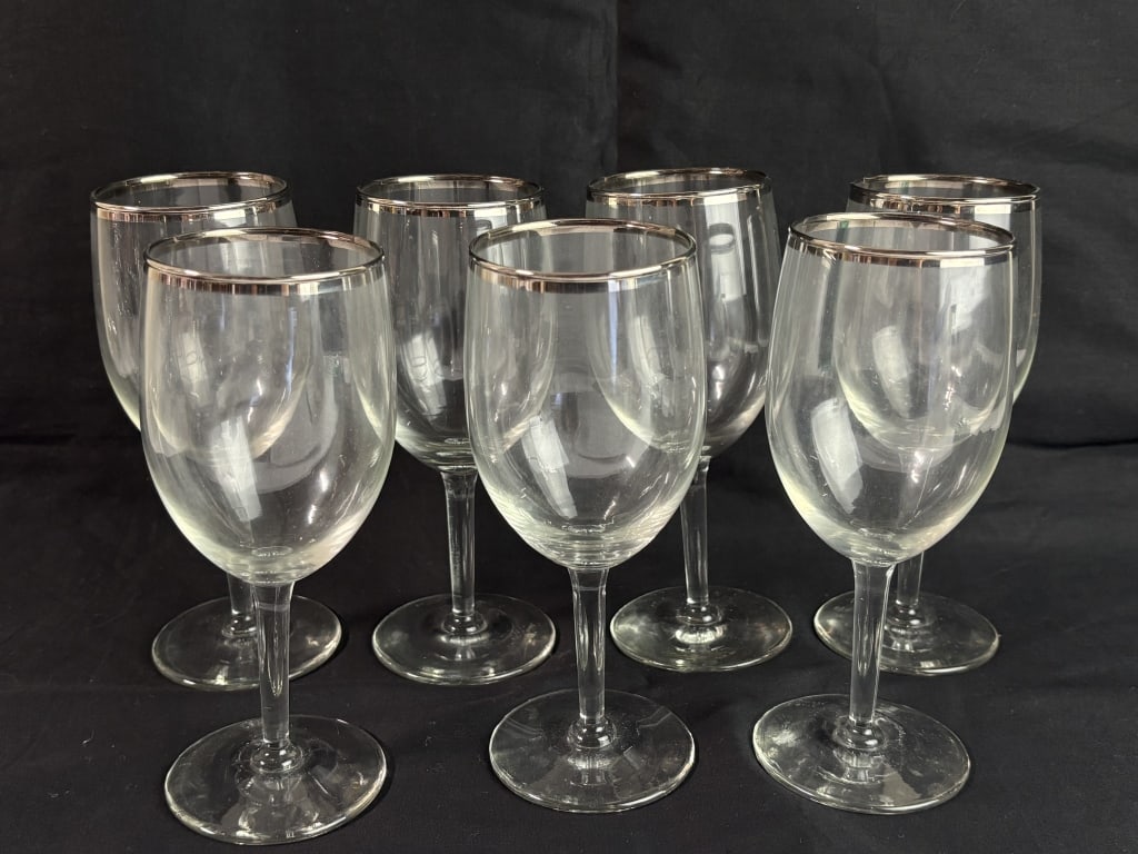 (7) Silver Rim Clear Wine Glasses (1 of 3)