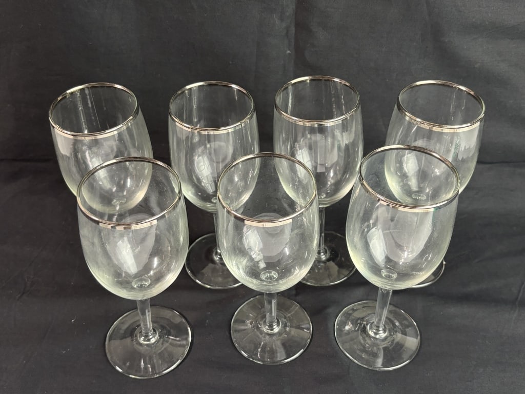 (7) Silver Rim Clear Wine Glasses - 2