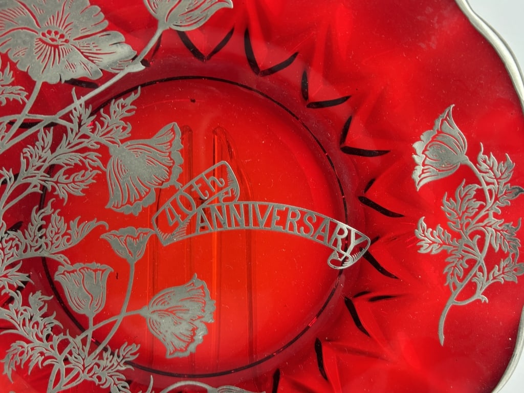Vintage Silver Overlay Ruby Red Glass Plate - 2