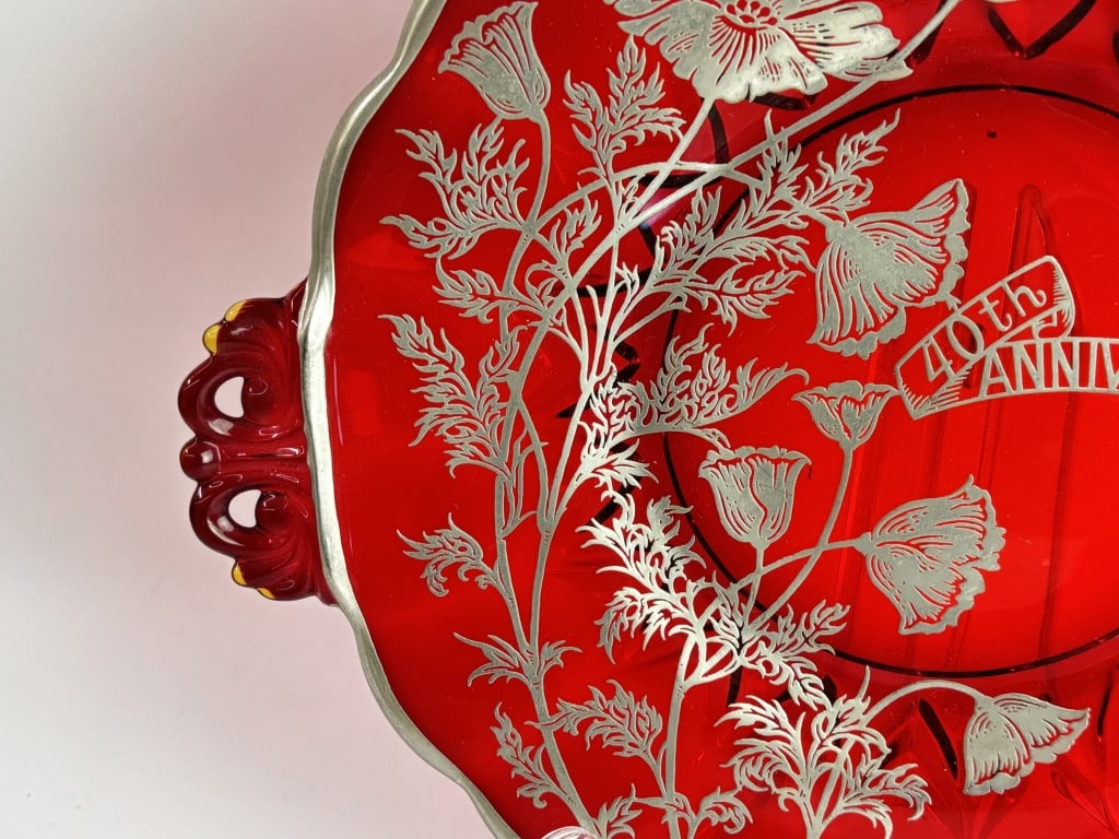 Vintage Silver Overlay Ruby Red Glass Plate - 3
