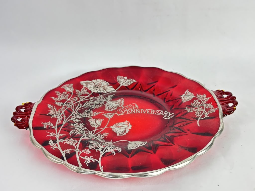 Vintage Silver Overlay Ruby Red Glass Plate - 4