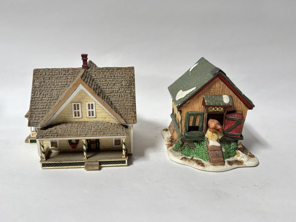 (2) Vintage Porcelain and Plastic House Figurines: (2) Vintage Porcelain and Plastic House Figurines, 4.5in by 4.75in