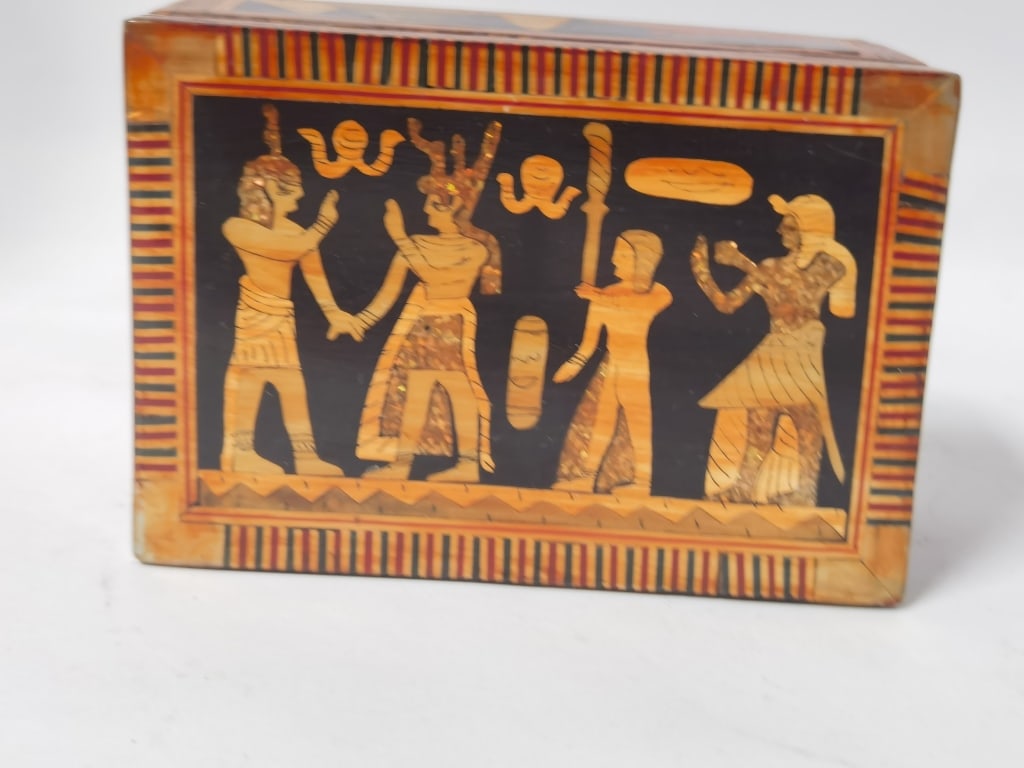 Vintage Egyptian Marquetry Wood Jewelry Box: Vintage Egyptian Marquetry Wood Jewelry Box, 5 1/8in by 3.5in by 2in