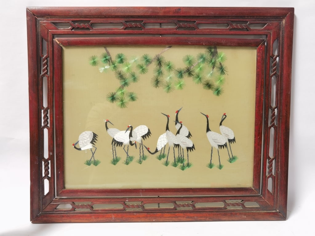 Vintage Chinese Cranes Silk Embroidery: Vintage Chinese Cranes Silk Embroidery, 21in by 17.25in