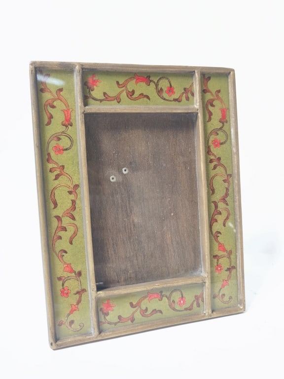 Vintage Hand Painted Glass Inlay Wood Photo Frame: Vintage Hand Painted Glass Inlay Wood Photo Frame, 10in by 8in