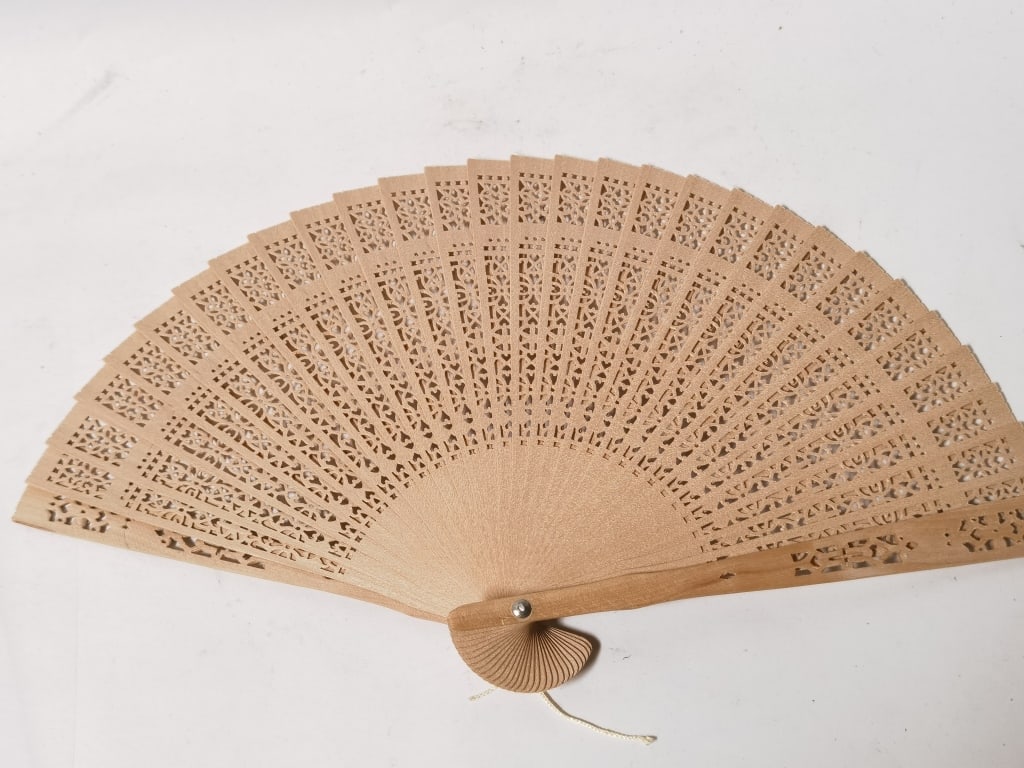 Chinese Tanxiang Wood Fan: Chinese Tanxiang Wood Fan, 7.75in