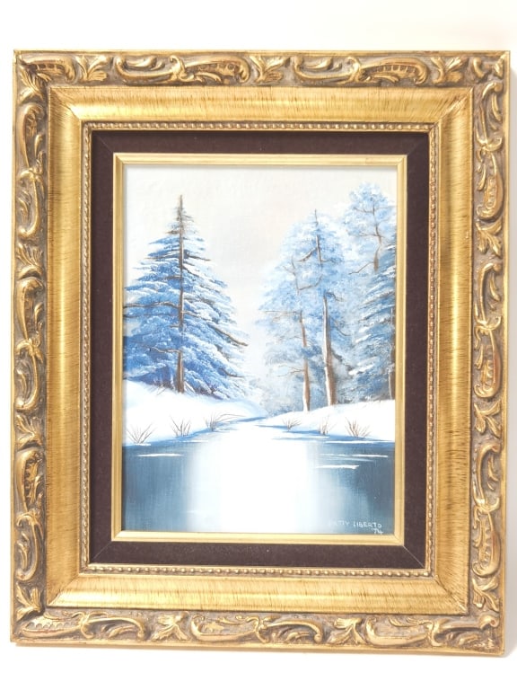 1974 Patty Liberto Snowy Landscape Oil Painting: 1974 Patty Liberto Snowy Landscape Oil Painting, 18in by 15in