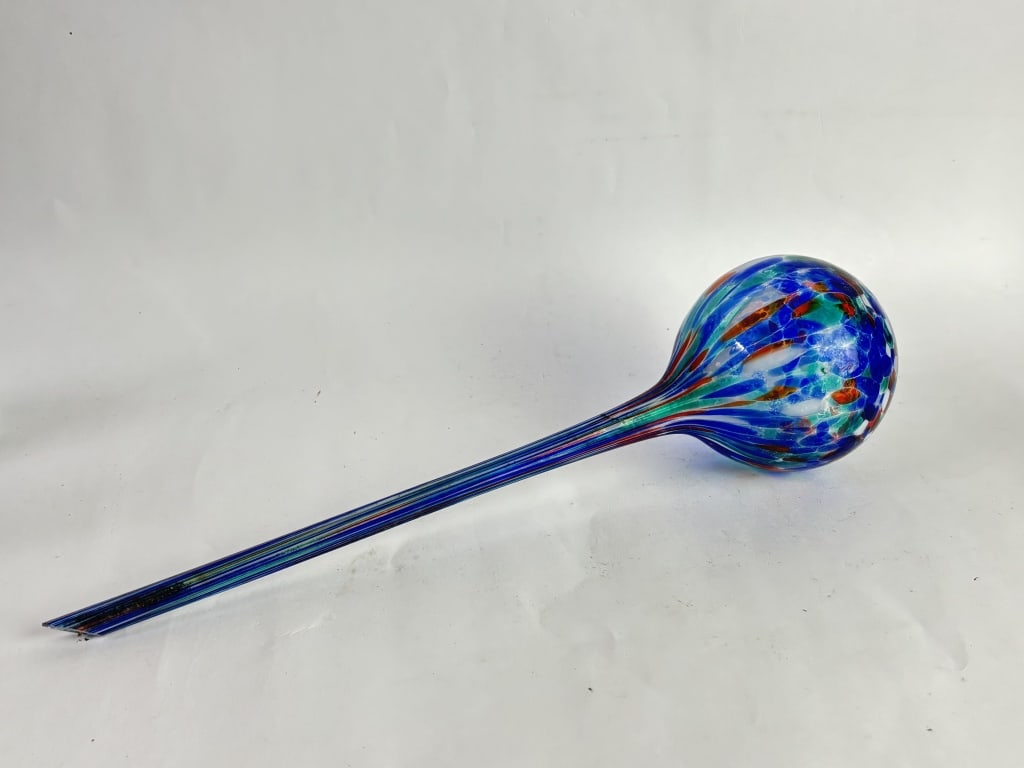 Vintage Blue Splatter Art Glass Watering Bulb: Vintage Blue Splatter Art Glass Watering Bulb, 14in by 4in