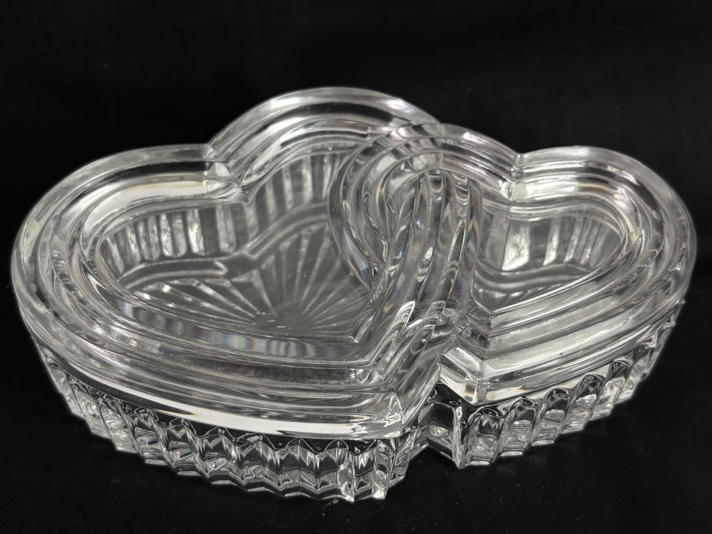 Vintage Lead Crystal Heart Covered Jewelry Box: Vintage Lead Crystal Heart Covered Jewelry Box, 6 1/8in by 2in