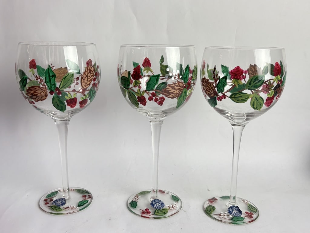 (3) Block Basic Winter Garland Wine Glasses: (3) Block Basic Winter Garland Wine Glasses, 8.75in