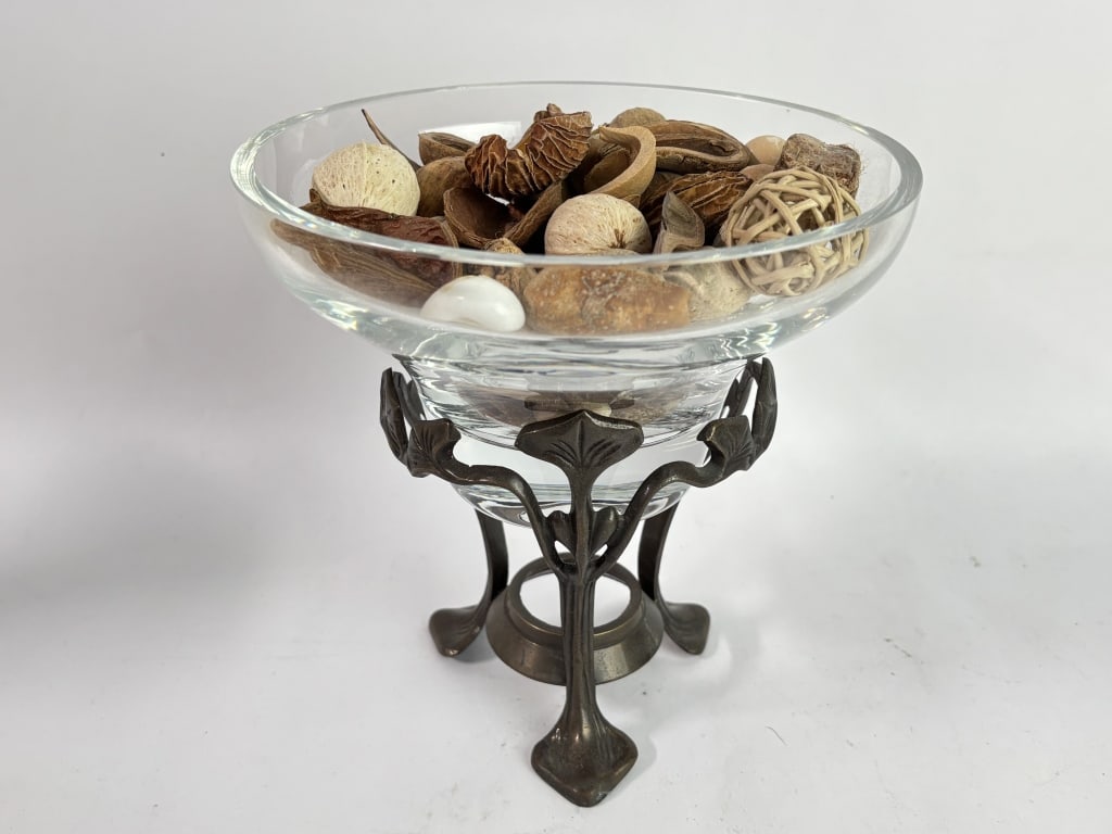 Vintage Bronze Stand Clear Glass Bowl: Vintage Bronze Stand Clear Glass Bowl, 7.75in by 7.5in