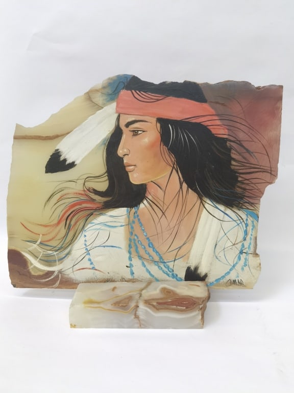 Vintage Signed Omar Hand Painted Native American S: Vintage Signed Omar Hand Painted Native American Soapstone Plaque, 14in by 12in