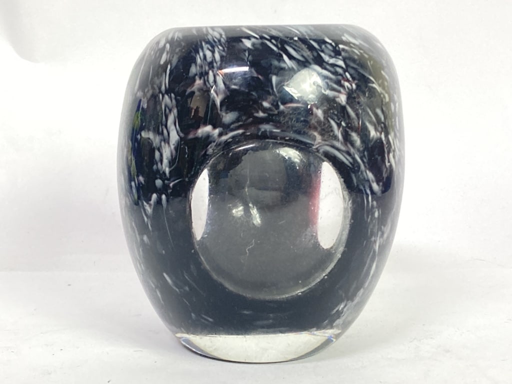 Vintage Black and White Splatter Windowed Glass Va: Vintage Black and White Splatter Windowed Glass Vase, 5.25in